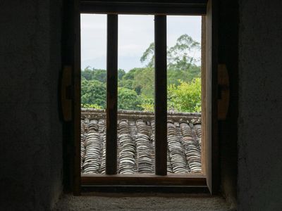 Mountain landscape view through a clean window frame